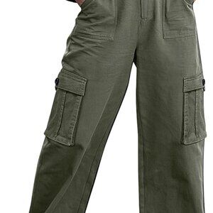 Women High Waisted Cargo Pants Wide Leg Casual Pants 6 Pockets Combat Military T